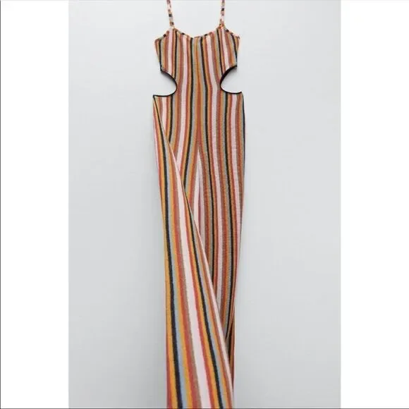 Zara Knit Terrycloth Striped Jumpsuit Womens Side Cut Out Rainbow Cotton - Picture 5 of 11